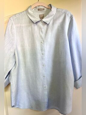 Chico's Sz 3(XL) Pale Blue Linen-Blend Button-Down Shirt Roll Tab Sleeve Career